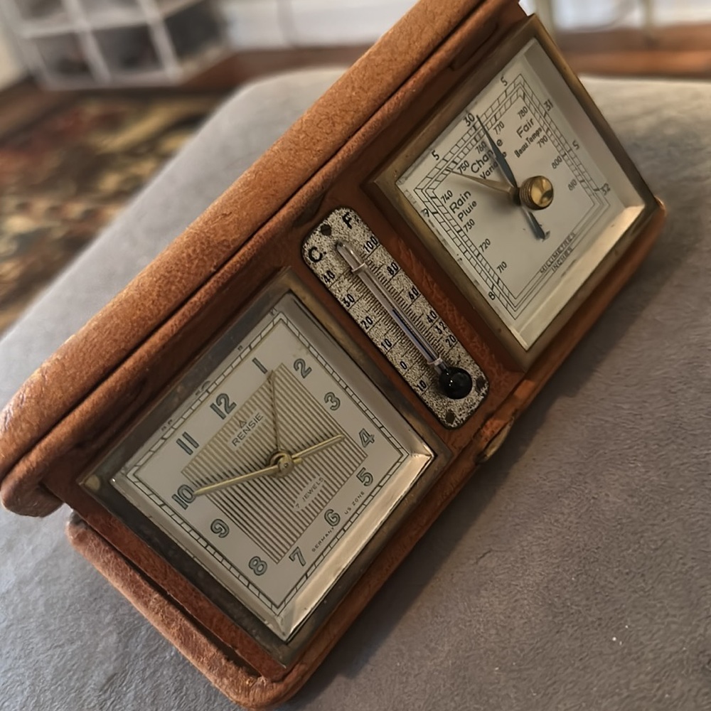 1950 Rensie Watch Corp Travel Alarm Clock Thermometer Barometer Weather Station